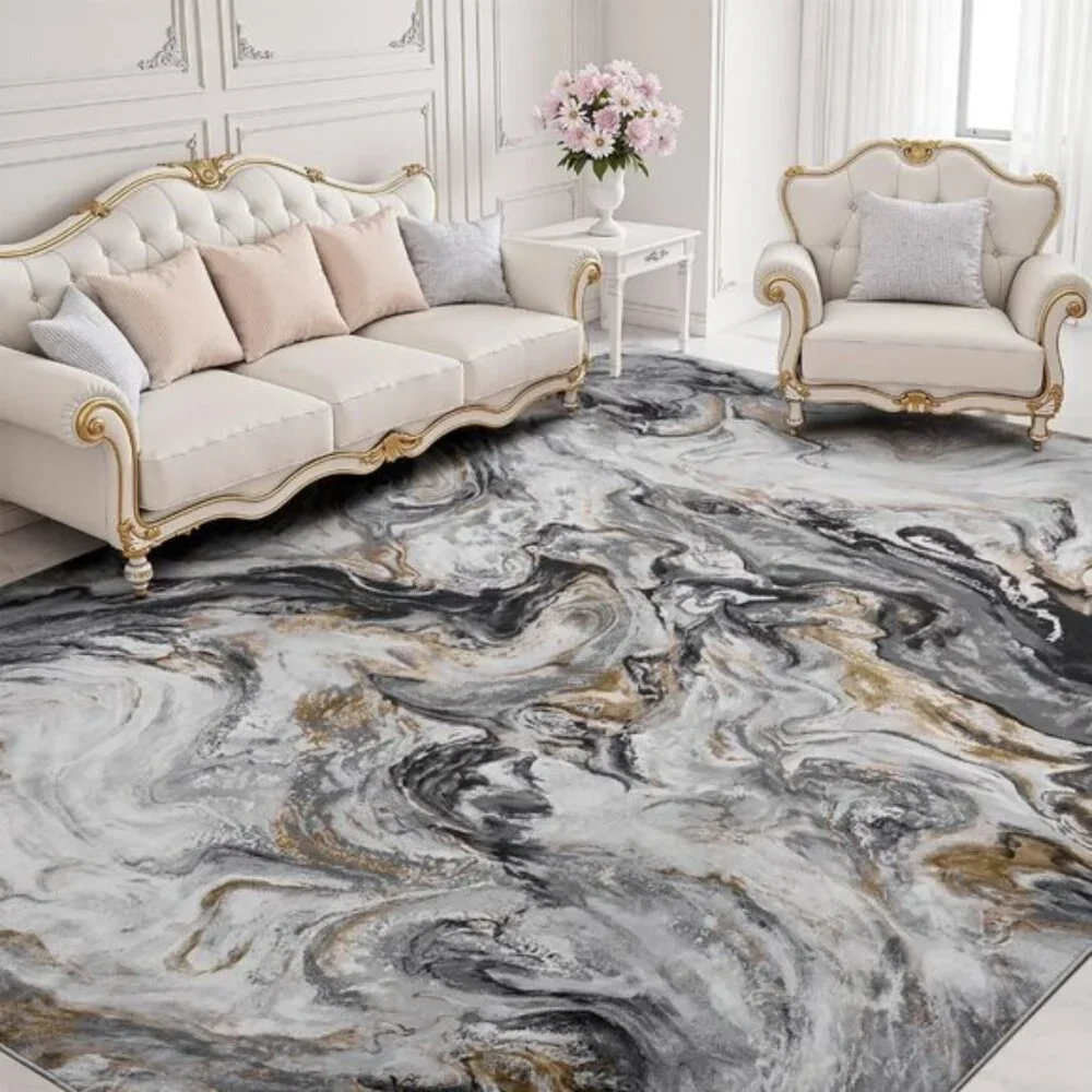 New 5x7 Black & Grey Marble Rug. Ultra-Soft, Washable, Non-Slip, Modern Carpet - Picture 1 of 7